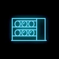 Blue neon sign of vending machine with snacks on black background vector