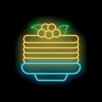 Neon sign representing a stack of pancakes with berries on a plate vector