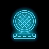 Blue neon sign of round waffle iron on black background vector