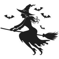 A silhouette of a witch flying on a broom with bats vector