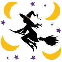 A silhouette of a witch flying on a broom with stars and moon vector