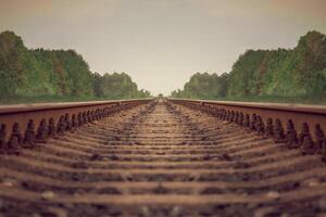 Rails and sleepers extending into the distance. Against the background are green trees. Infinity and loneliness. Railway transport. photo
