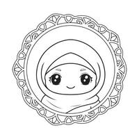 cute little muslim girl in mandala frame illustration design vector