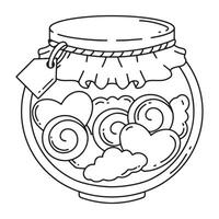 Jar of heart cookie in outline style isolated on white background. Honey symbol stock illustration. vector