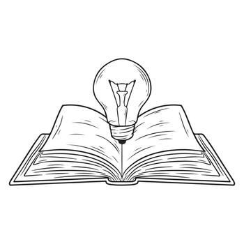 Open book with light bulb on top. illustration in sketch style. vector