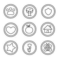 set of 9 icons in the form of a circle with a thin outline vector