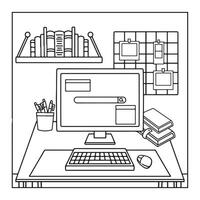 Office workplace with computer and supplies cartoons in black and white illustration graphic design coloring book vector