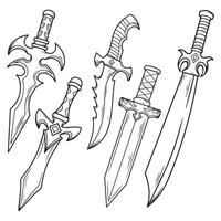 Illustration of a set of fantasy swords in black and white vector