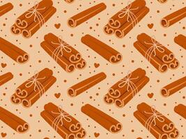 Seamless pattern with bunch of cinnamon sticks tied with jute rope, dots and hearts on background vector