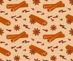 Seamless pattern with cinnamon sticks, dried cloves and star anise vector