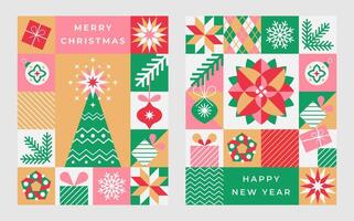 Christmas poster set with geometric design elements in flat minimalist style. vector