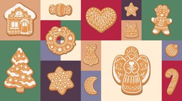 Christmas design collection, seamless pattern of gingerbread cookies on geometric shapes. vector