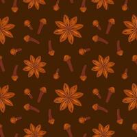Seamless pattern with dried clove seeds and star anise on brown background vector