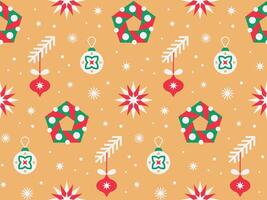 Seamless pattern with Christmas tree decorations and Christmas wreath on gold color background. vector