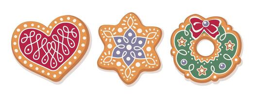 Gingerbread cookies set - Christmas wreath, snowflake and heart on white background. vector
