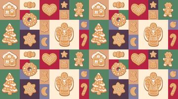 Christmas seamless pattern of gingerbread cookies on bright geometric shapes. vector
