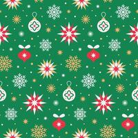 Seamless pattern with Christmas tree decorations, snowflakes and stars on green background. vector