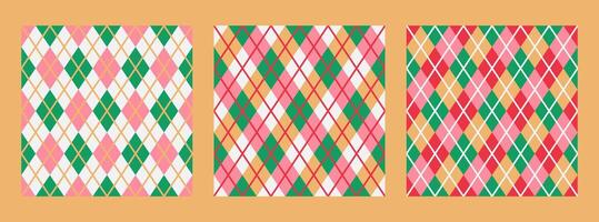 Set of seamless geometric Argyle patterns in green, pink, red and white. vector