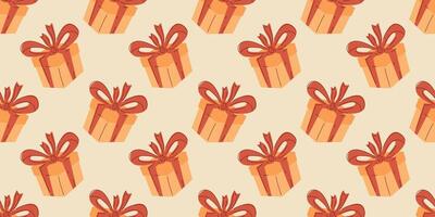Present boxs with big red bow Seamless pattern. Holiday background for birthday, christmas. Festive print for event party vector