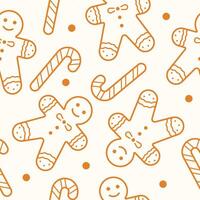 Gingerbread man and candy cane seamless pattern. Chrisrmas holiday background. Thin line new year ornament vector