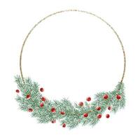 Pine tree branches with red berries round wreath with golden frame watercolor illustration for winter holidays greeting cards templates vector