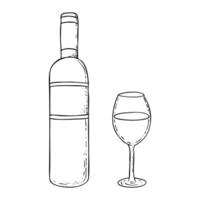 Wine bottle and glass black and white simple drawing. Monochrome ink sketch for kosher Kiddush designs and celebrations of Purim, Passover Seder and Shabbat dinner vector