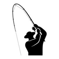 Silhouette graphic of a fisherman pulling a fish with a fishing rod. vector