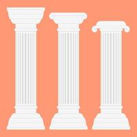 Three White Pillars Historical Building. Classical Architecture Pillar Design. vector