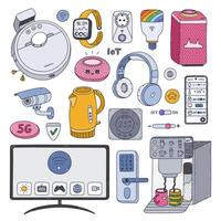 Colorful doodle set of smart devices for entertainment, secure, clean home. Hand drawn intelligence machine with remote control via phone. Collection of Internet of things isolated on background. vector