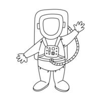 Cute line astronaut in space suit waving welcome and going to cosmos. Friendly cosmonaut character in childish style. Hand drawn outline universe doodle isolated on white background. vector