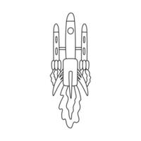 Cute scribble big space rocket with flame. Hand drawn cosmic shuttle flying in sky. Sign of astronomy, universe discover, business project. Black and white spaceship doodle isolated on background. vector
