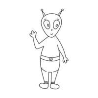 Cute outline doodle of green alien smiling and waving hello. Friendly extraterrestrial monster with big eyes, in boots and belt. Hand drawn weird creature in childish style isolated on background. vector