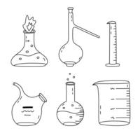 Cute outline set with empty and full of chemical solution laboratory beaker. Flat-bottomed, round flask, glassware, tube for scientific experiment, chemistry test. Hand drawn lab equipment isolated. vector