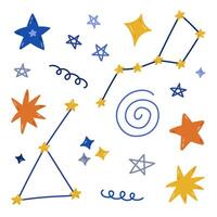Childish hand drawn set of stars in different shapes, constellation, line squiggle and scribble. Simple doodle star as symbol of astronomy, astrology, space and universe isolated on white background. vector