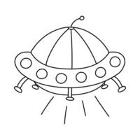 Cute UFO spaceship doodle with light in simple line art style. Flying saucer of alien, extraterrestrial creature for transportation and discovering cosmos. Astronomy clipart isolated on background. vector