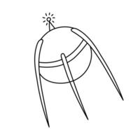 Cute sketch orbital satellite flying in cosmos in childish style. Hand drawn space probe for telecommunication, radar, signal receive. Simple outline doodle of spacecraft isolated on white background. vector