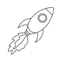 Cute doodle of flying space rocket with fire, windows, wings. Hand drawn cosmic shuttle in the sky. Symbol of business idea, launching new project. Outline spaceship clipart isolated on background. vector