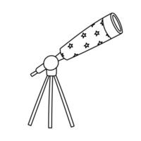 Cute doodle of astronomical telescope on tripod. Simple childish tool for observing night sky, stars, planet, asteroid, celestial bodies. Hand drawn educational device isolated on background. vector