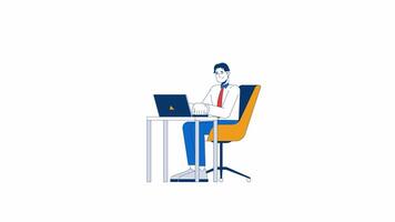 Asian man web developer working on laptop 2D character animation. Office workplace cartoon 4K , alpha channel. Korean male typing on notebook computer animated person on white background video