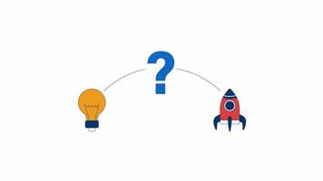 Way from idea to realization 2D objects animation. Business startup boosting cartoon 4K , alpha channel. Question mark between lightbulb and to rocker animated flat items on white background video