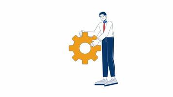 Positive asian man rotating toothed wheel 2D character animation. Corporate workflow setup cartoon 4K , alpha channel. Korean male with machine part animated person on white background video