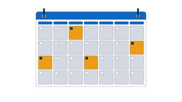 Monthly calendar page with saved dates 2D object animation. Office supply for time management cartoon 4K , alpha channel. Personal agenda planning animated flat item on white background video