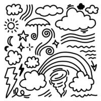 Set of weather icons. Hand drawn doodle illustration. Contains sign of the sun, clouds, wind, moon, lightning and more isolated on white background. vector