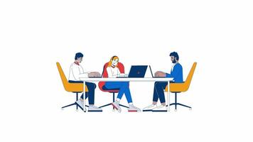 Multiracial team working together 2D characters animation. Corporate meeting cartoon 4K , alpha channel. Colleagues with laptops at conference table animated person on white background video