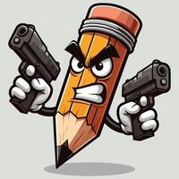 Illustration of a Cartoon Pencil with Angry Face and Guns in Both Hands vector