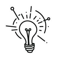 Light bulb with rays shine. Energy and idea symbol isolated on white background. Hand drawn doodle lineart illustration. Design for greeting cards, patches, prints, badges, posters vector