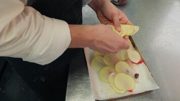 Preparation Of Second Course Food With Sliced Potatoes And Fish In Restaurant video