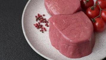 Raw beef eye steak round with salt, spices and herbs prepared for grilling video