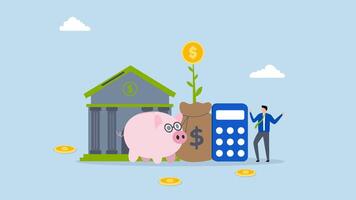 financial planning professional, 4k animation of businessman financial advisor with a savings pig and a money sack. video