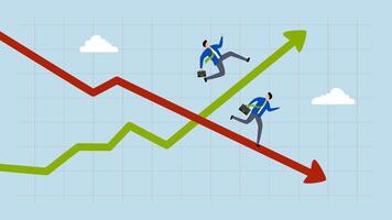 Profit and loss, 4k animation of entrepreneur sprinting on ascending growth chart and descending recession graph. video